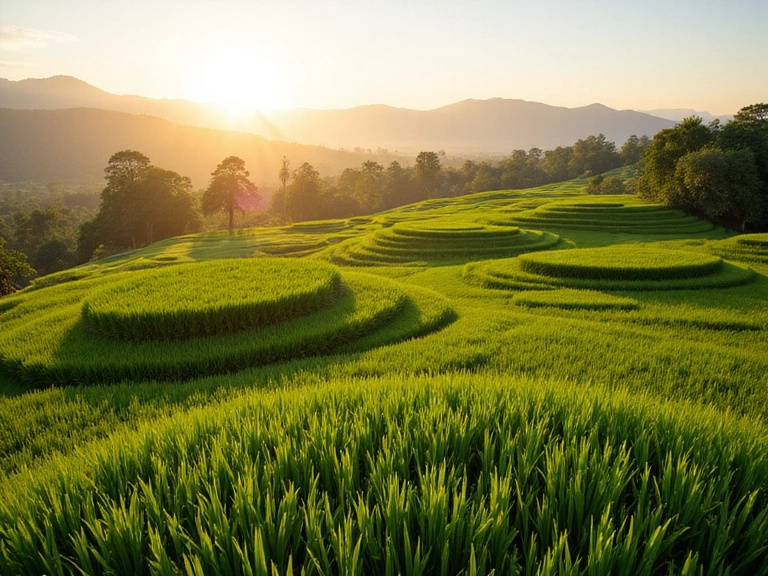 Scenic view of Bali rice paddies at sunset, symbolizing nature, peace, and wellness.