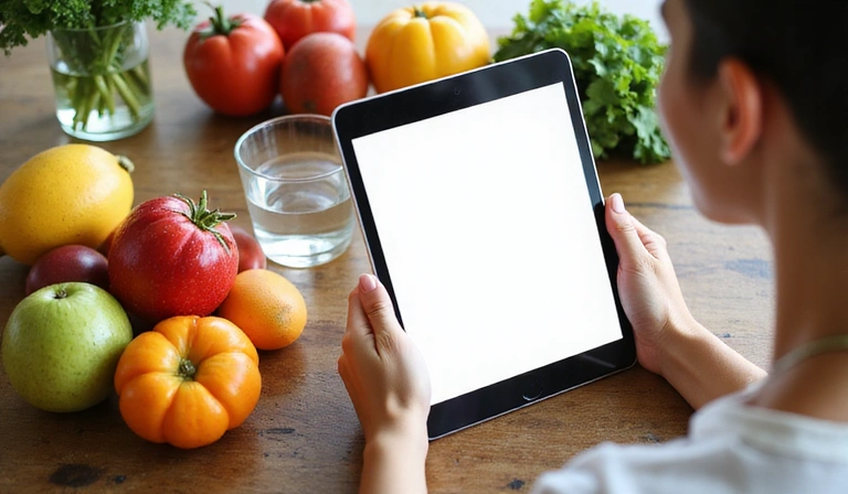 A person reading a nutrition blog on a tablet with healthy food nearby