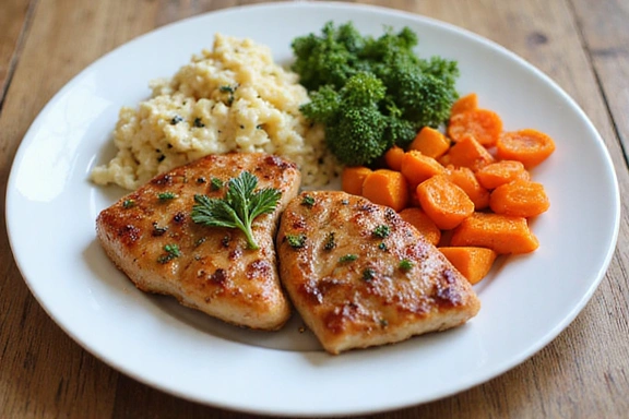 Colorful plate of balanced meal with protein, carbs, and vegetables