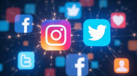 A collage of social media icons (Facebook, Twitter, LinkedIn) with subtle brand colors, suggesting connectivity and digital presence.