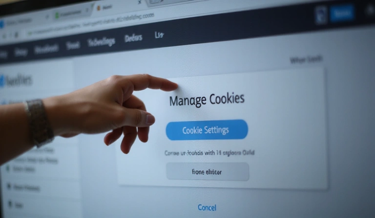 A hand clicking on a 'Manage Cookies' button on a website, symbolizing user control over cookie preferences.
