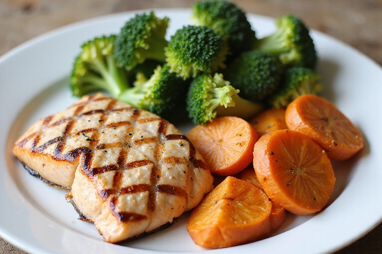 A plate of colorful, healthy food including salmon, broccoli, and sweet potato, arranged aesthetically.