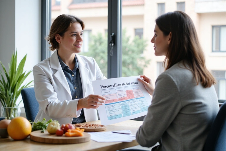 A nutritionist explaining a personalized meal plan to a client in a bright, modern office setting.