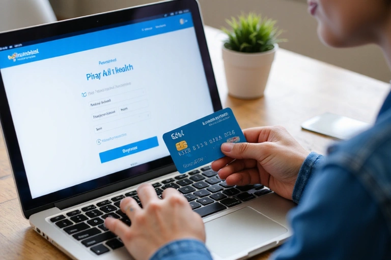 A person making an online payment for a health service, with a focus on a credit card and a laptop screen showing a payment confirmation.